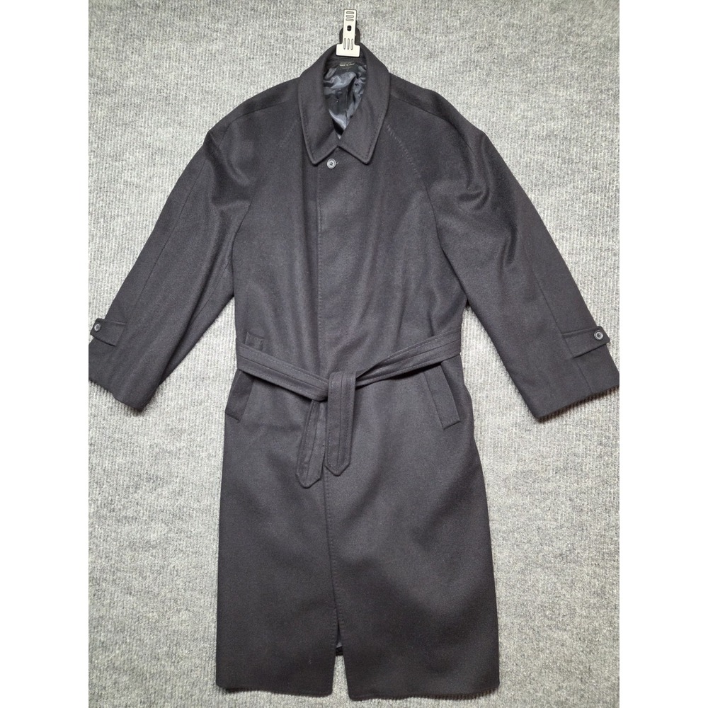 Milano Galleria 100% Cashmere Long Trench Coat Men's 42 Navy Belted Made in...